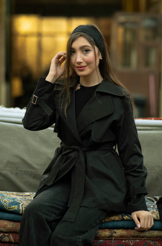 Women's Modern Black Belted Trench Coat